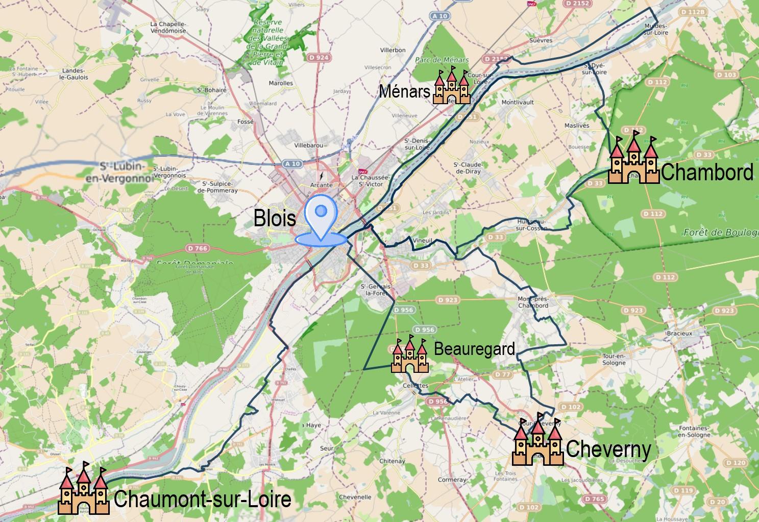 Carte itinéraire du séjour à vélo entre Loire et Sologne