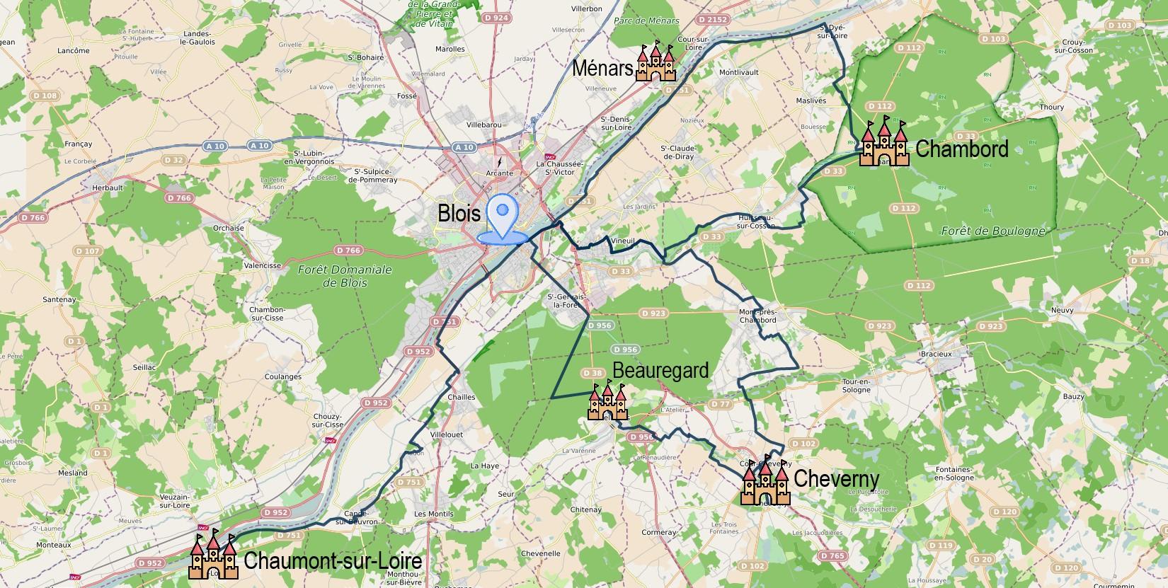 Carte itinéraire - Escapade à vélo Chambord – Cheverny – Chaumont