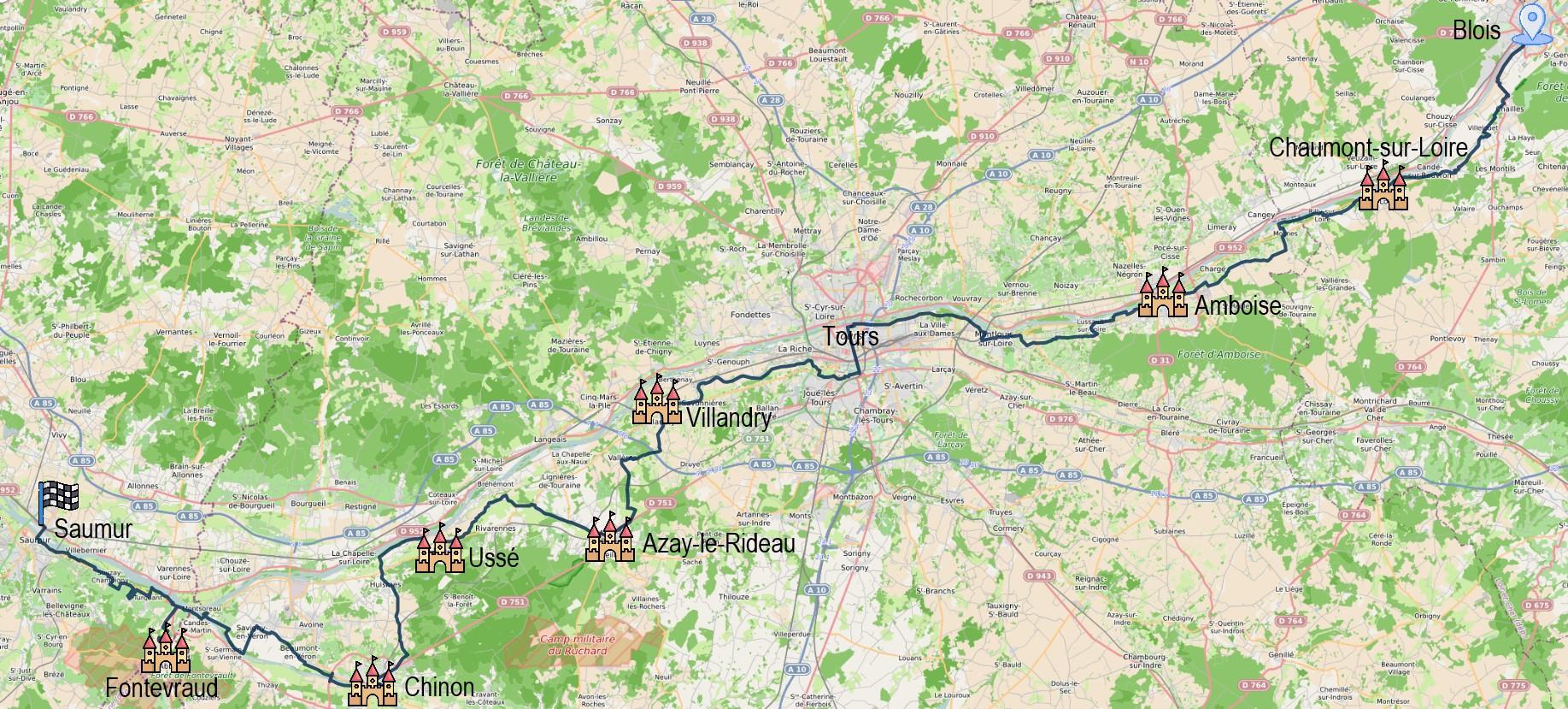 Carte itinéraire du séjour Châteaux de la Loire à vélo de Blois à Saumur