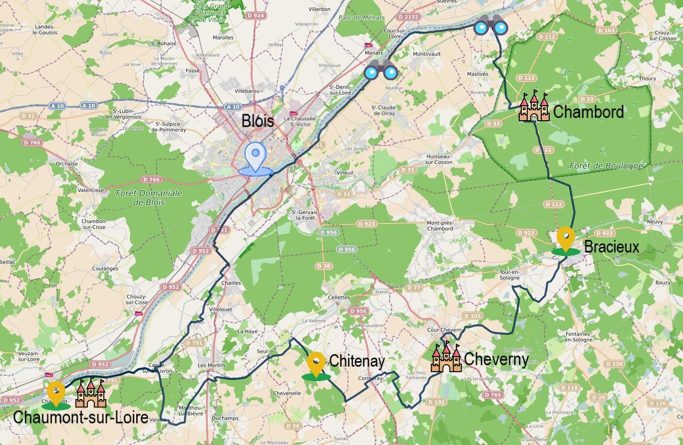Carte itinéraire du séjour Itinérance à vélo Blois-Chambord-Cheverny-Chaumont
