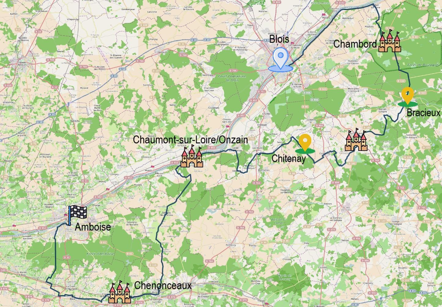 Carte itinéraire du séjour itinérance à vélo Blois – Amboise via Chambord et Chenonceau