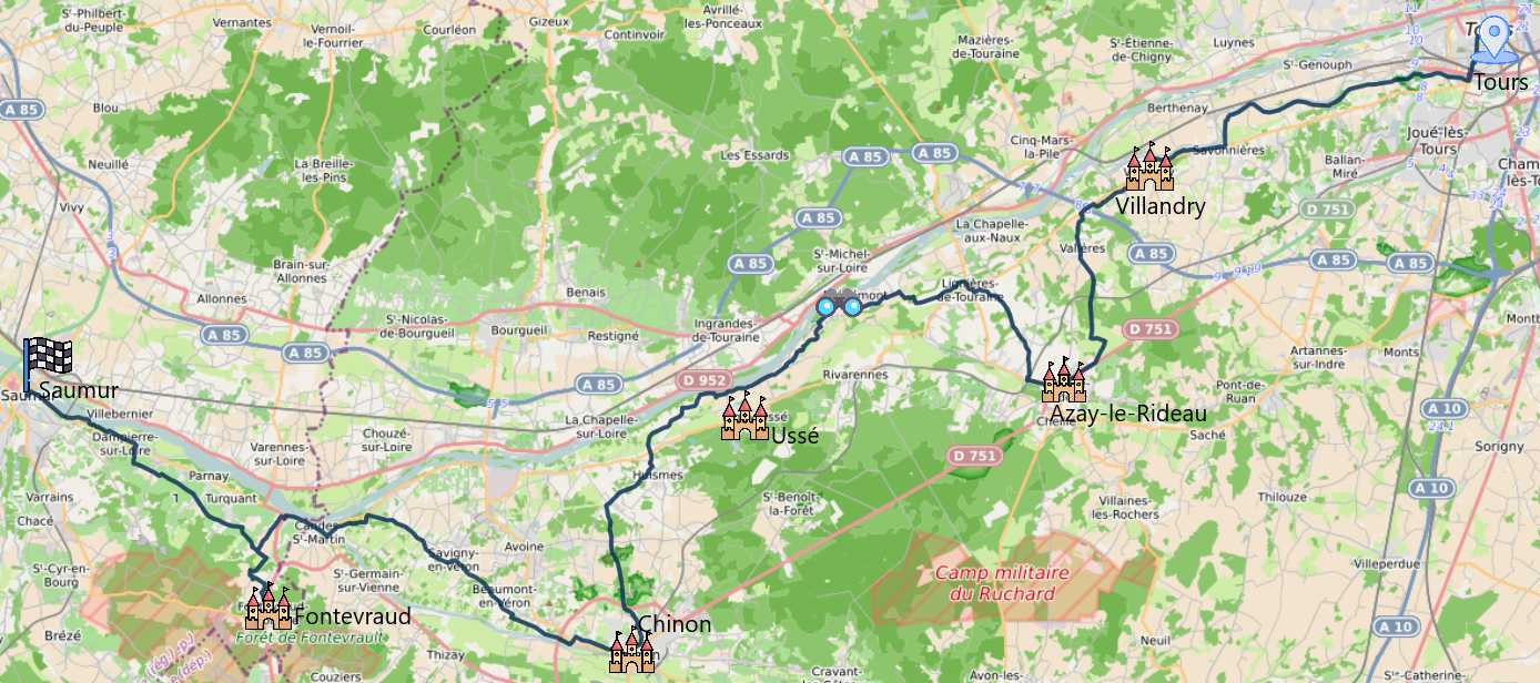 Carte itinéraire du séjour Château de la Loire à vélo de Blois à Saumur