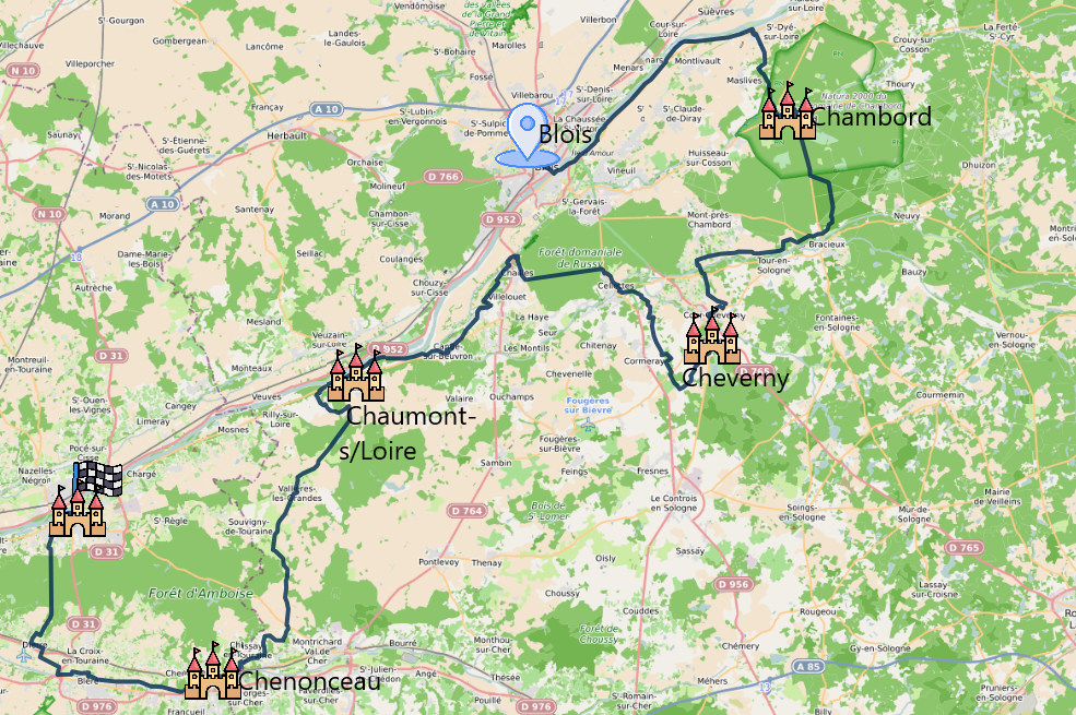 Carte itinéraire du séjour itinerance à vélo Blois Amboise via Chambord et Chenonceau