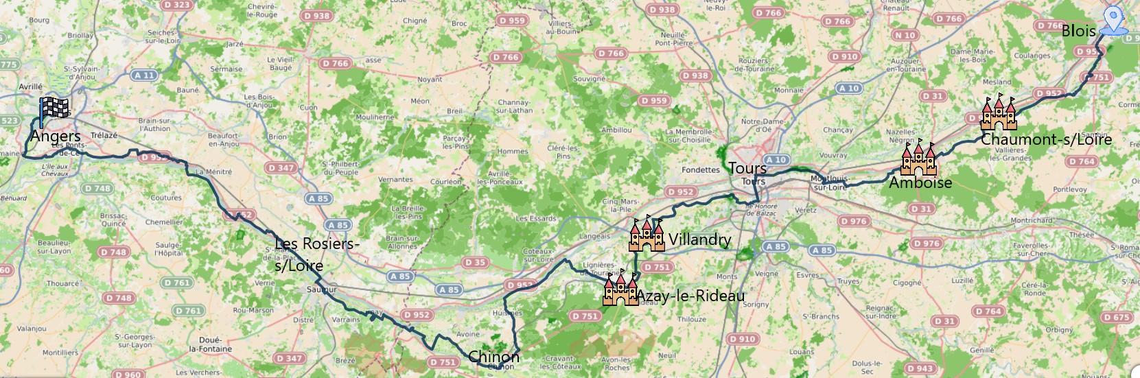Carte itinéraire du séjour De Blois à Angers en 6 jours