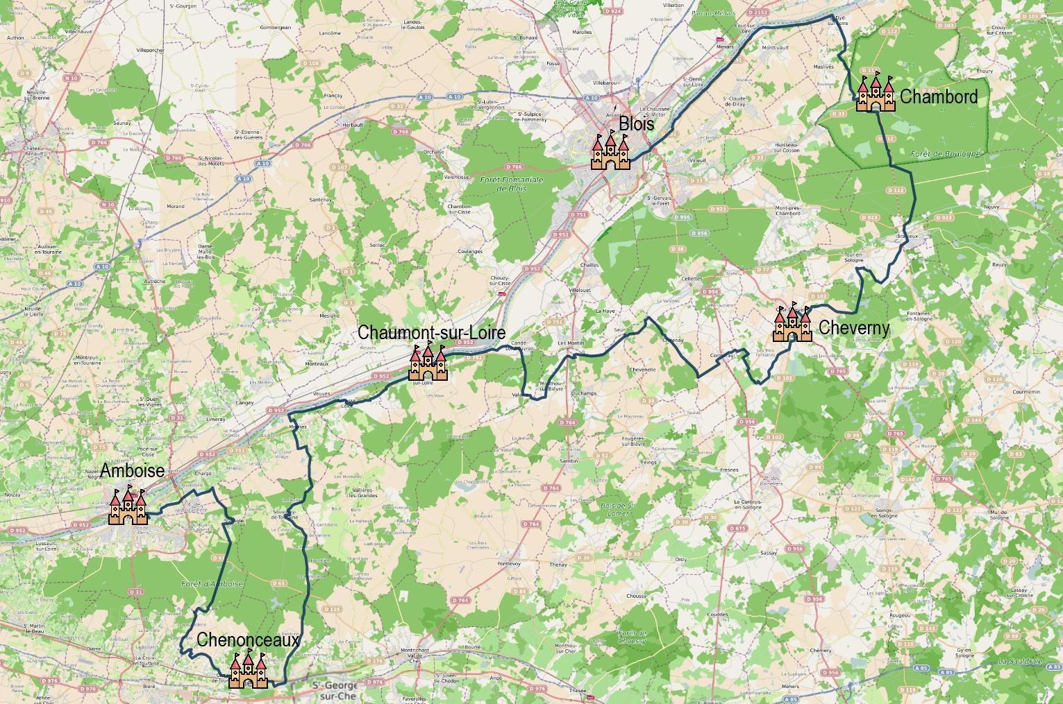 Carte itinéraire - Echappée à vélo entre Chambord et Chenonceau